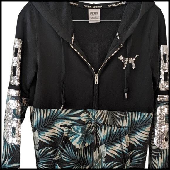 HTF Tropical VS PINK Zip Up Bling Hoodie Silver Sequins Spell PINK 86 + Dog Logo - Picture 6 of 12